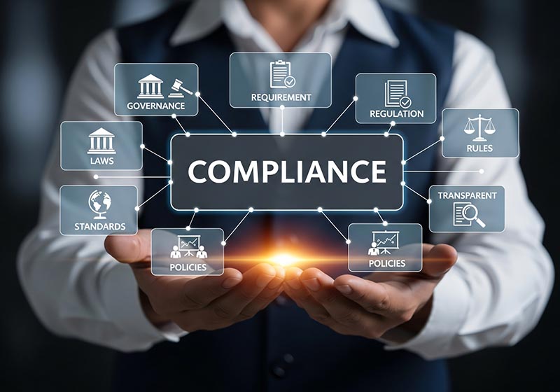 Compliance rules law regulation policy business. Businessman hol